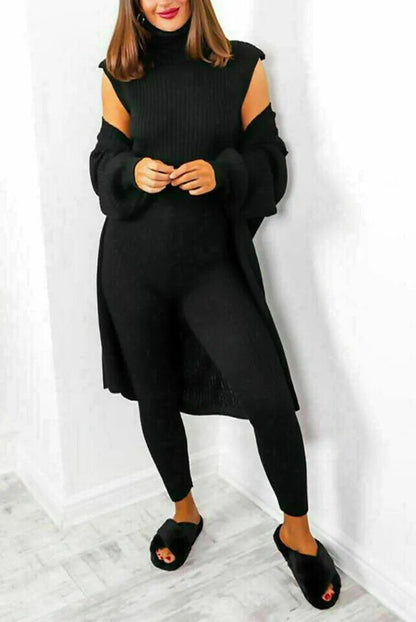 Womens 3 Piece Suit Roll Neck Chunky Knitted Tracksuit Ladies Rib Loungewear Set