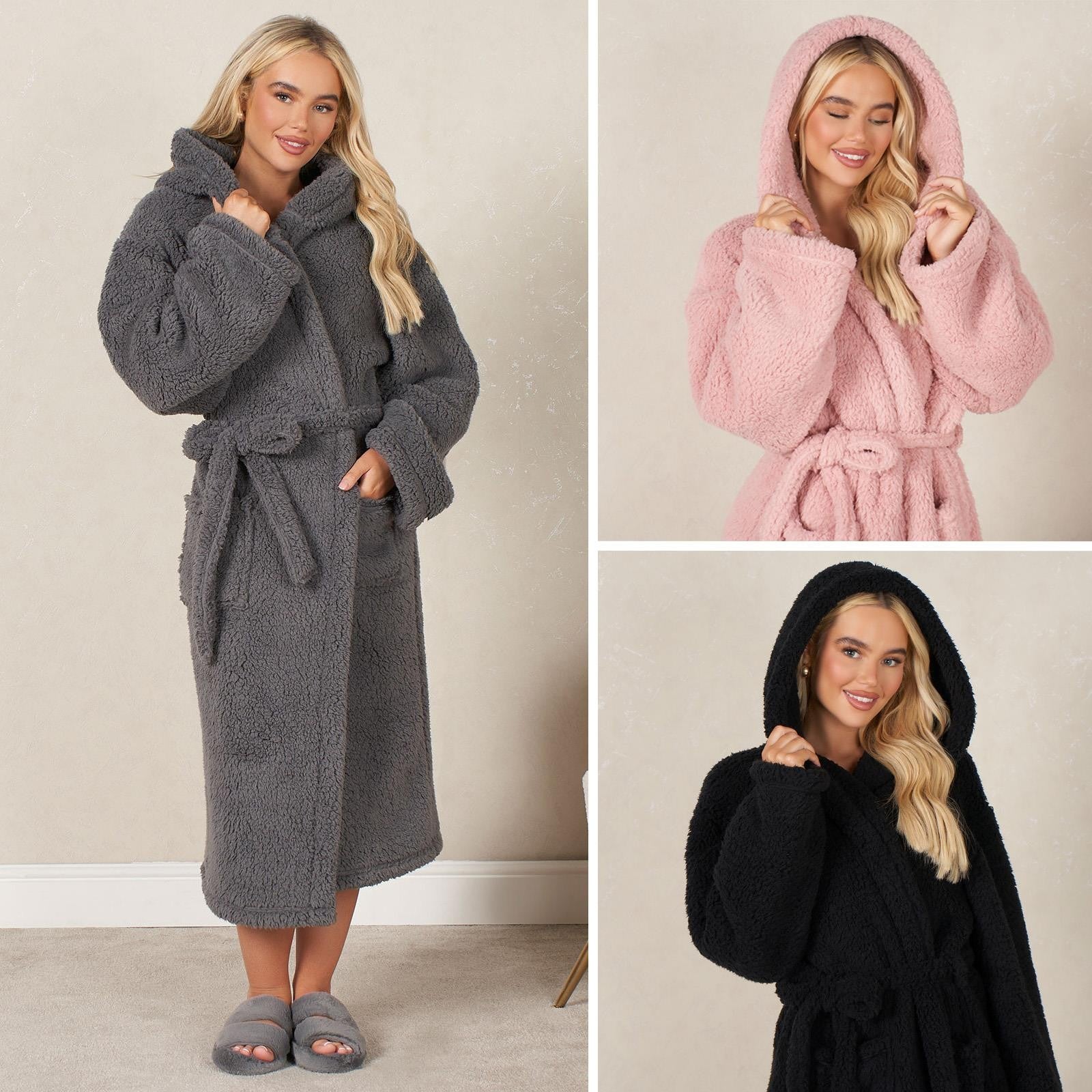 OHS Teddy Fleece Long Dressing Gown Ladies Warm House Coat Hooded Long Cosy Robe