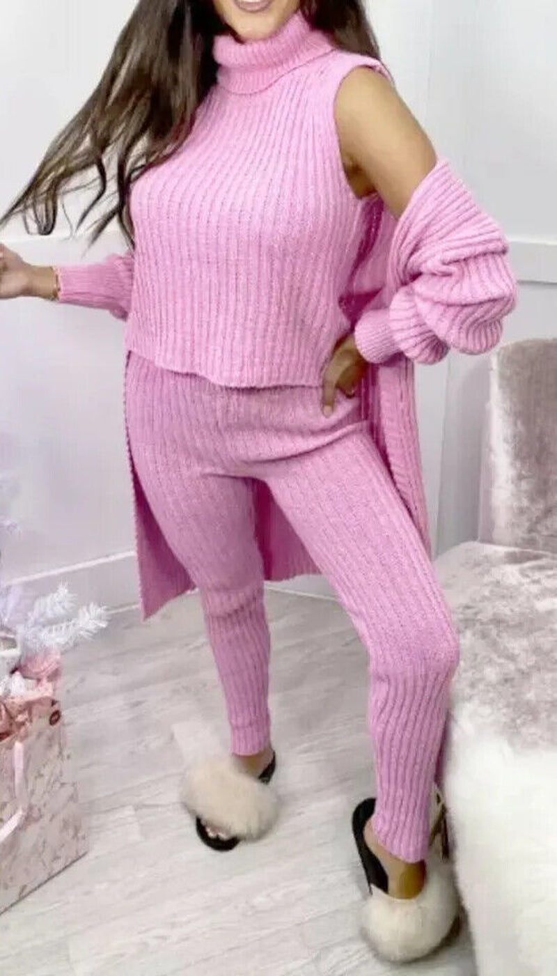 Womens 3 Piece Suit Roll Neck Chunky Knitted Tracksuit Ladies Rib Loungewear Set